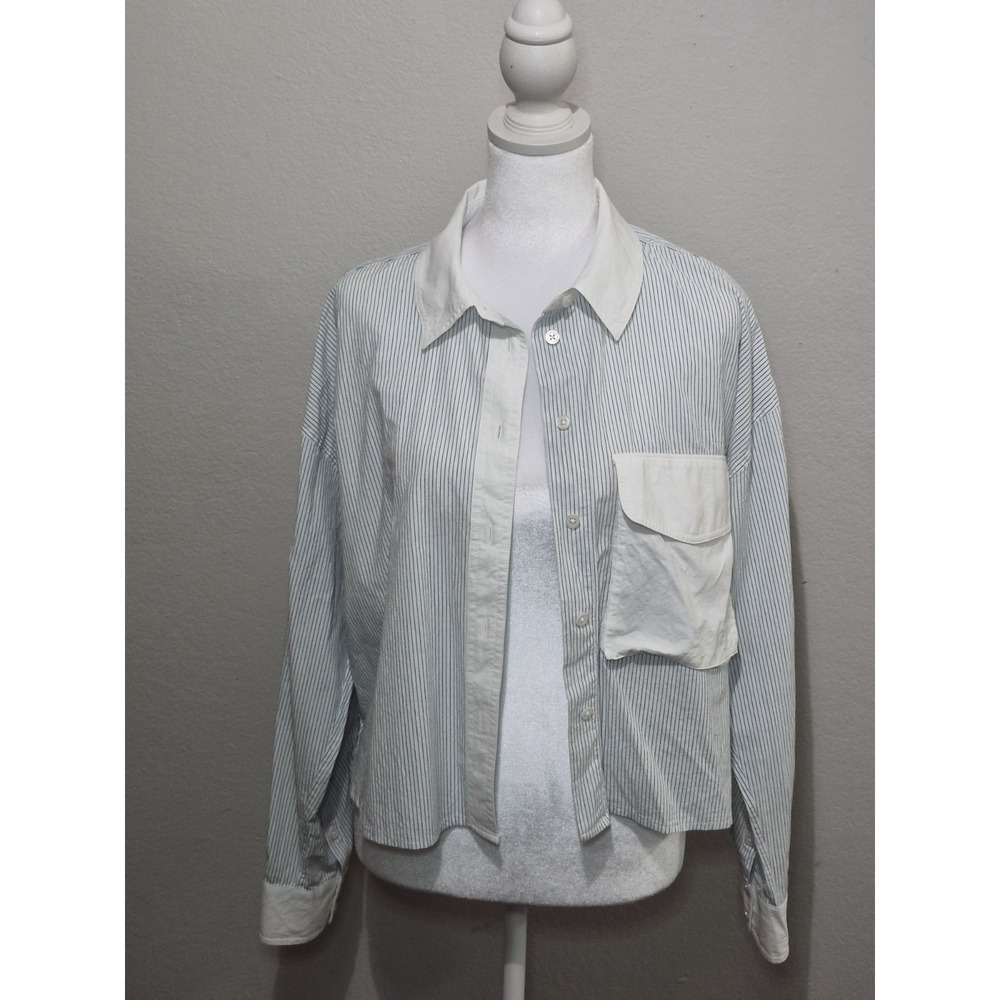 Madewell Striped Flap Pocket Crop‎ Button Up Poplin Blouse Preppy Nautical